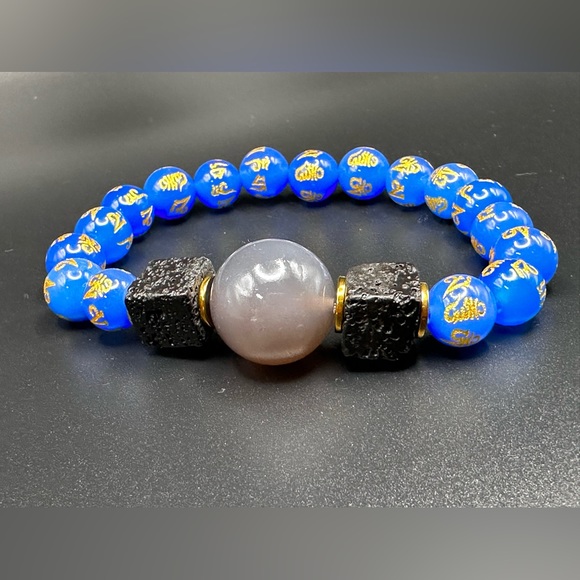 LIGH BLUE AGATE OM + CHALCEDONY NATURAL STONES BRACELET size7 - Picture 2 of 11